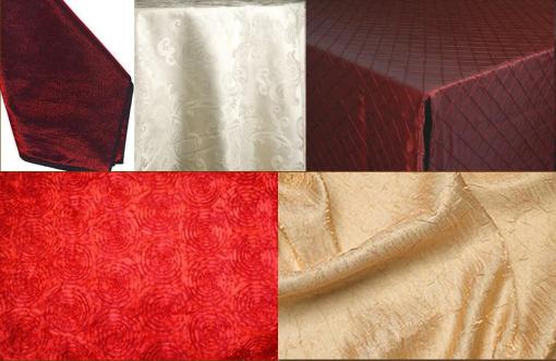 Clockwise from top left Dark Red Satin Napkins hotel's Ivory Damask 